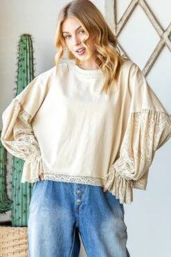 Oli & Hali Washed Lace Puff Sleeve Top | S-XL