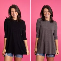 3/4 Sleeves Round Neck Ribbed Tunic Top W/ Pockets | S-XL