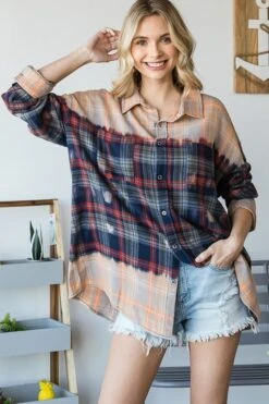 Bleached Detail Plaid Button Down Shirt | S - L Oli & Hali
