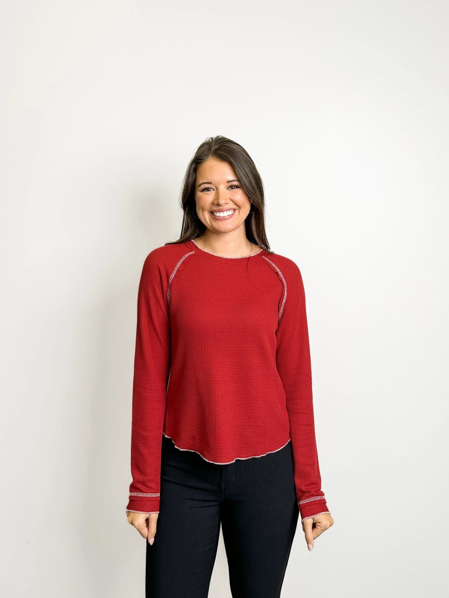 Textured Round Neck Long Sleeve Top W/ Contrasting Seams | S- XL 5 Textured Round Neck Long Sleeve Top W/ Contrasting Seams | S- XL - Image 3