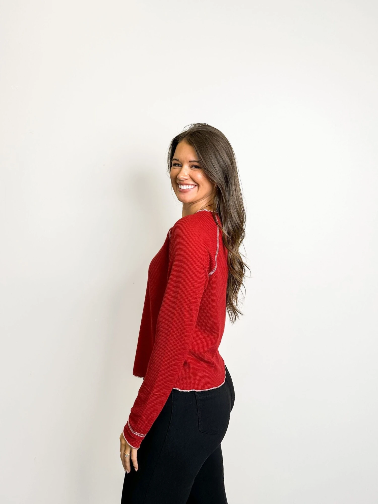 Textured Round Neck Long Sleeve Top W/ Contrasting Seams | S- XL 6 Textured Round Neck Long Sleeve Top W/ Contrasting Seams | S- XL - Image 4
