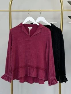 Mineral Wash V Neck Long Sleeve Top | S-XL