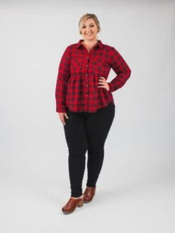 Collared Plaid Long Sleeve Babydoll Top W/ Pockets | S - L