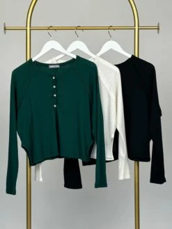 Waffle Knit Half Button Round Neck Long Dolman Sleeve Top | S-L