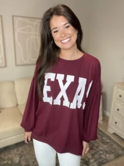 Cotton Jersey Loose Fit Long Sleeve Top W/ Texas | S - L Gameday