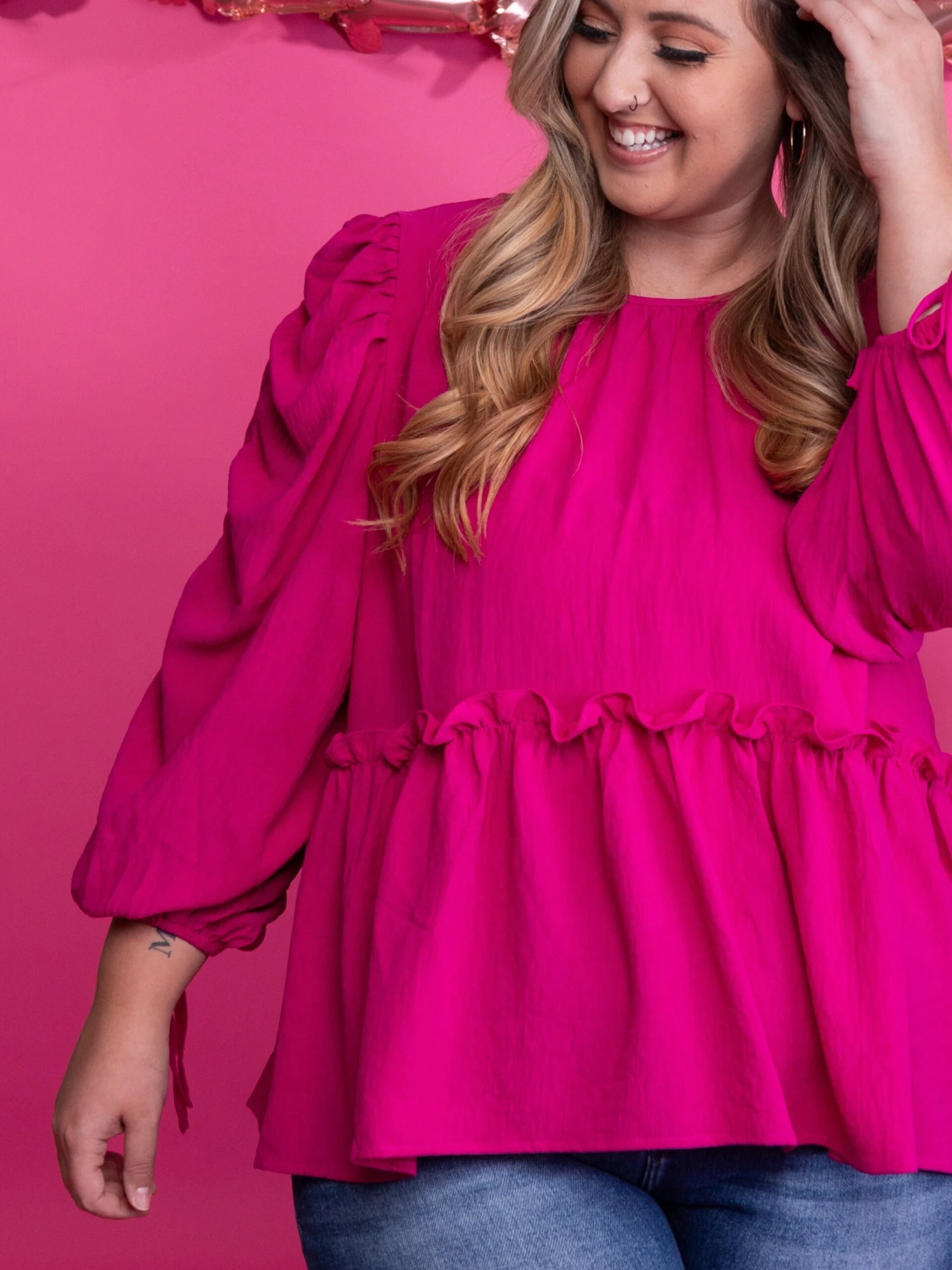 Round Neck Ruffled Waist Babydoll Top W/ Adjustable Sleeves | S-3XL 5 Round Neck Ruffled Waist Babydoll Top W/ Adjustable Sleeves | S-3XL - Image 3