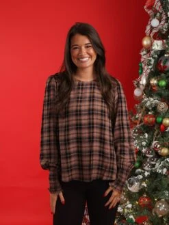 Round Neck Long Bishop Sleeves Plaid Top | S - L