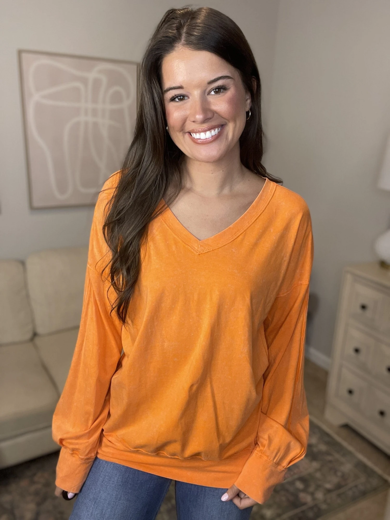Mineral Washed Long Sleeve V Neck Top | S - XL 4 Mineral Washed Long Sleeve V Neck Top | S - XL - Image 2