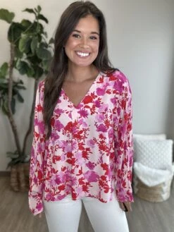 Long Sleeve Floral V Neck Top | S-L