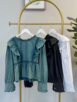 Ruffle Trim Balloon Sleeve Top| S-L