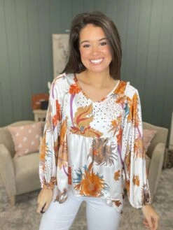 Floral Print V-Neck Long Sleeve Babydoll Blouse | S - XL