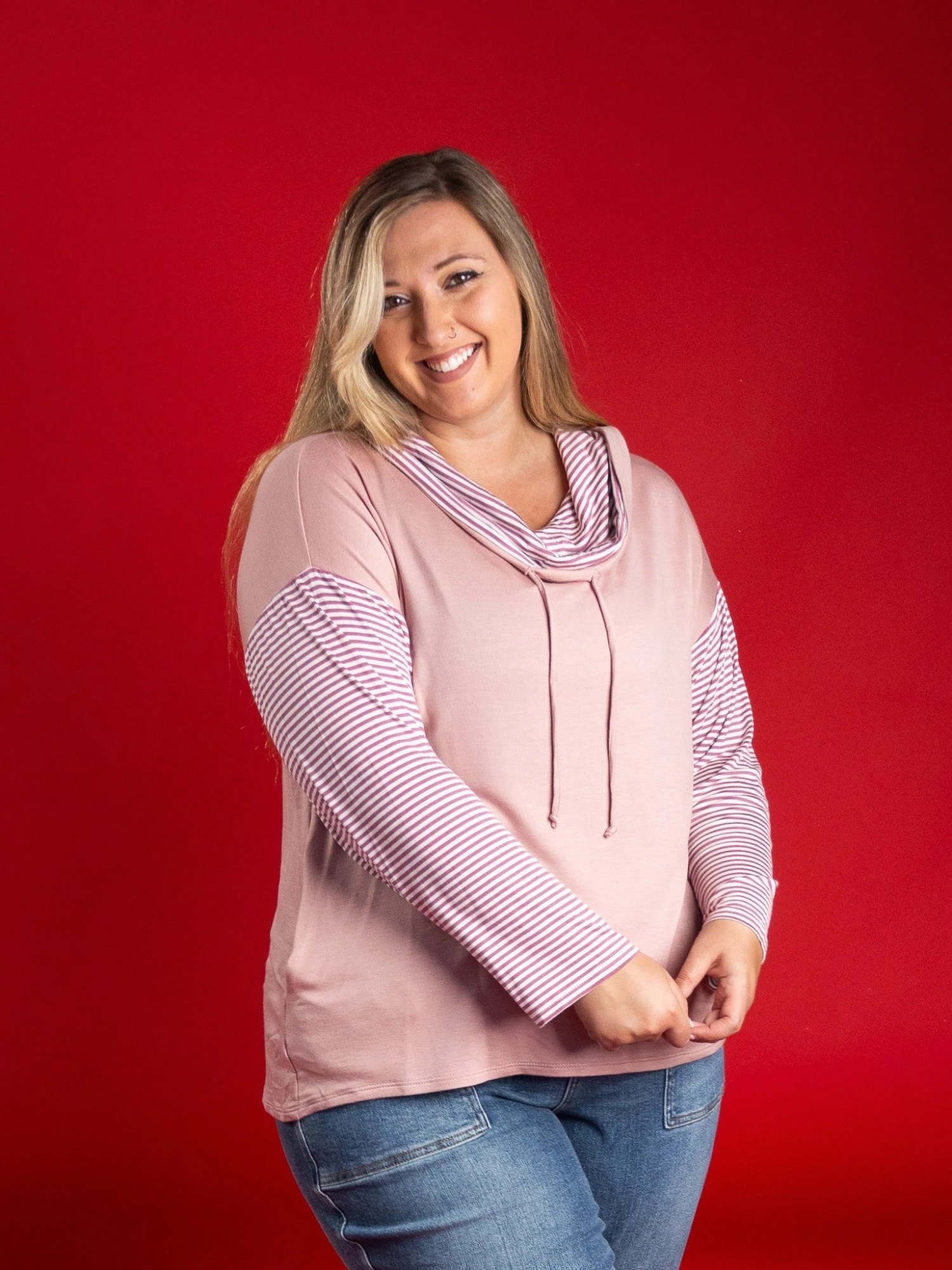 Striped Long Sleeve Top W/ Drawstring Hood | S-3X 3 Striped Long Sleeve Top W/ Drawstring Hood | S-3X