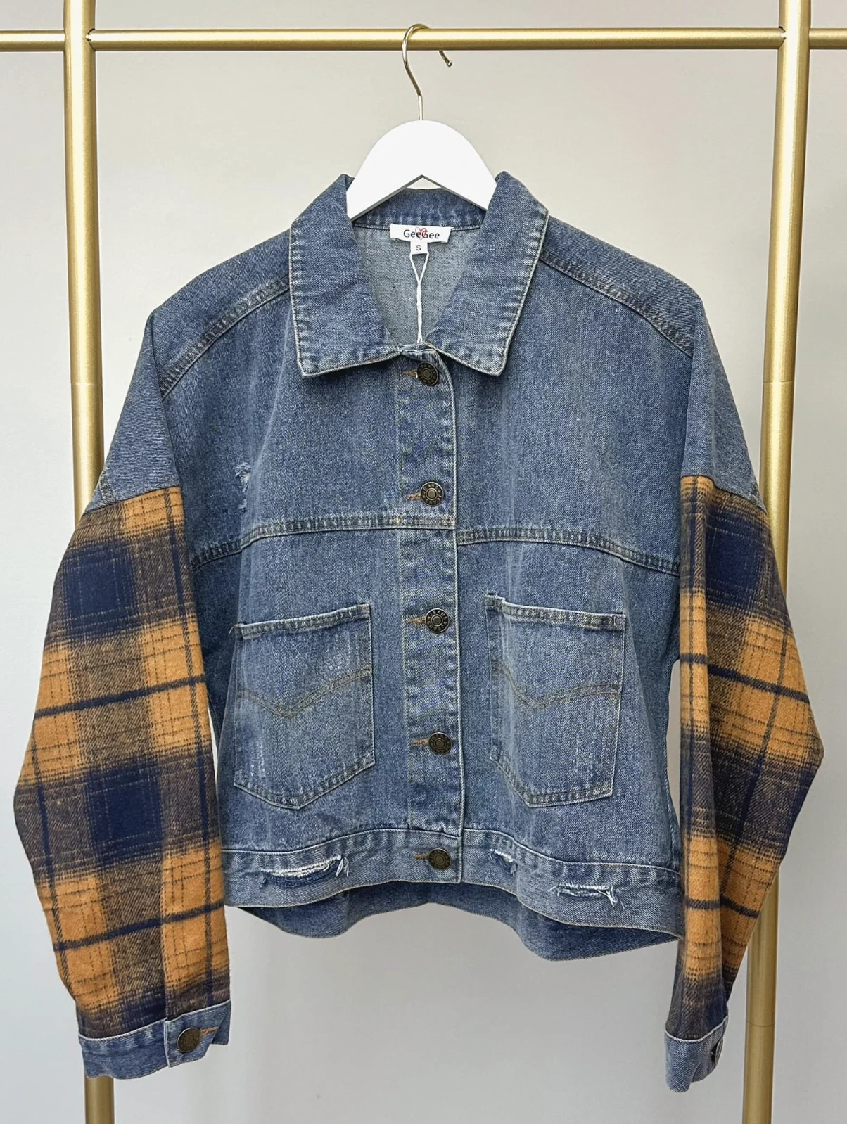 Lightly Distressed Plaid Sleeve Denim Jacket | S - 3XL 3 Lightly Distressed Plaid Sleeve Denim Jacket | S - 3XL