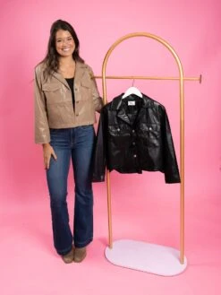 Faux Leather Button Down Collared Jacket | S-L