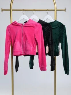 Zip Up Long Sleeve Velour Basic Hooded Jacket | S - L SET W/ Sku47906