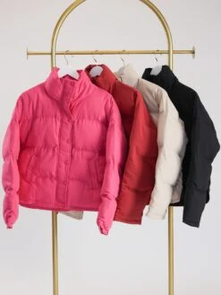 Solid Mock Neck Puffer Jacket W/ Button & Zipper Closure | S - L