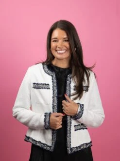 Tweed Long Sleeve Round Neck Blazer W/ Navy Trim | S-L