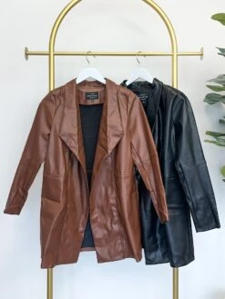 PU Shawl Collared Faux Leather Open Front Jacket | S - L