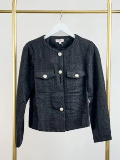 Pearl Button Down Tweed Jacket W/ Round Neck | S - L