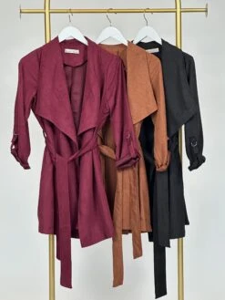 Be Cool Faux Suede Tie Waist Open Front Trench Jacket | S - L